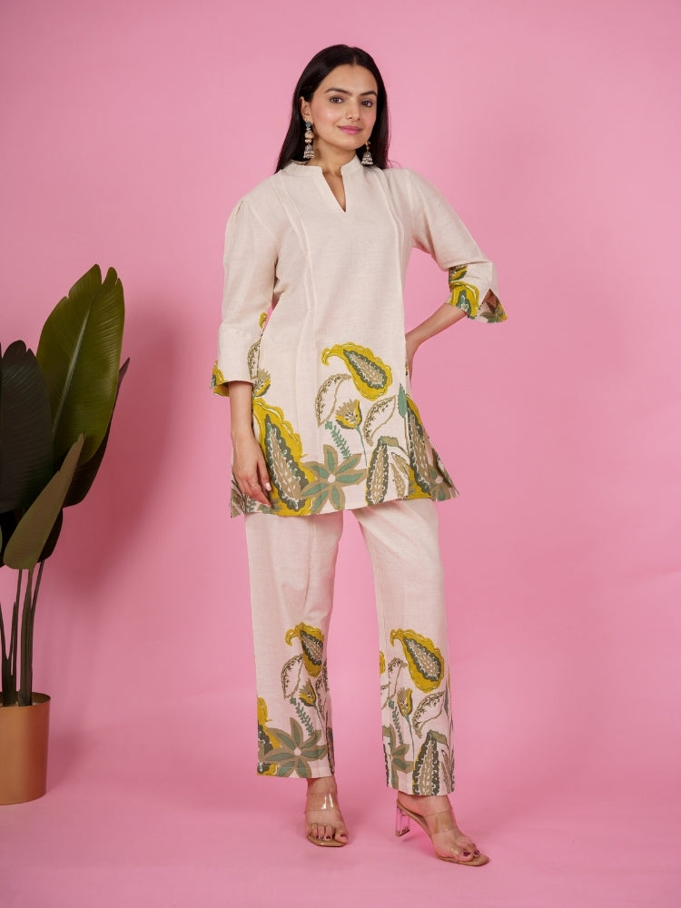Ekisha's women white floral designer printed cotton co-ord set lounge wear, front view 4