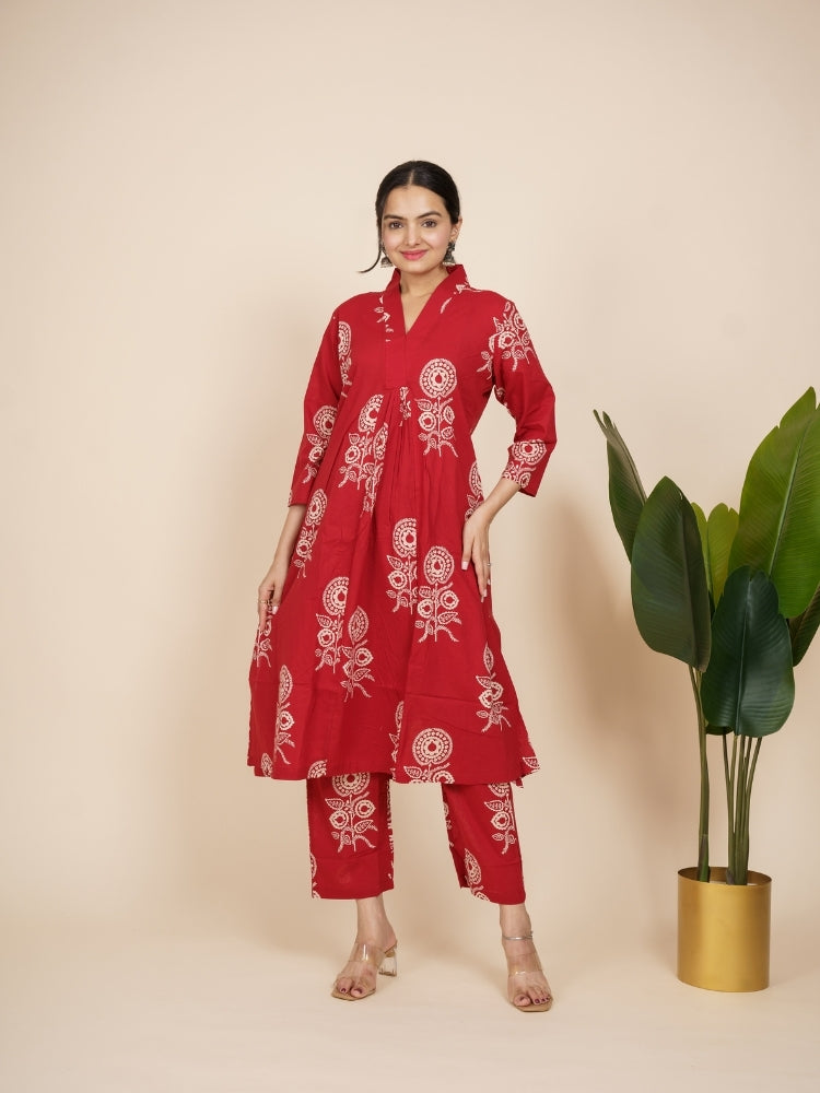Ekisha's women dark red designer printed cotton co-ord set lounge wear, front view 3