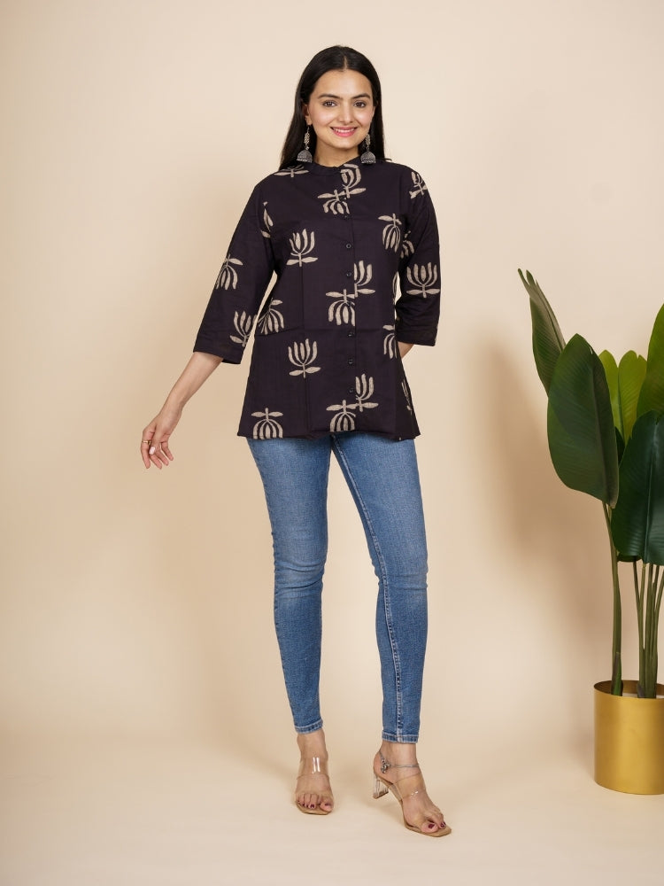Ekisha's women black lotus designer cotton printed tunic top short kurti, front view 3