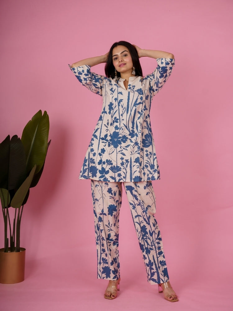 Ekisha's women white blue floral designer printed cotton co-ord set lounge wear, front view 4