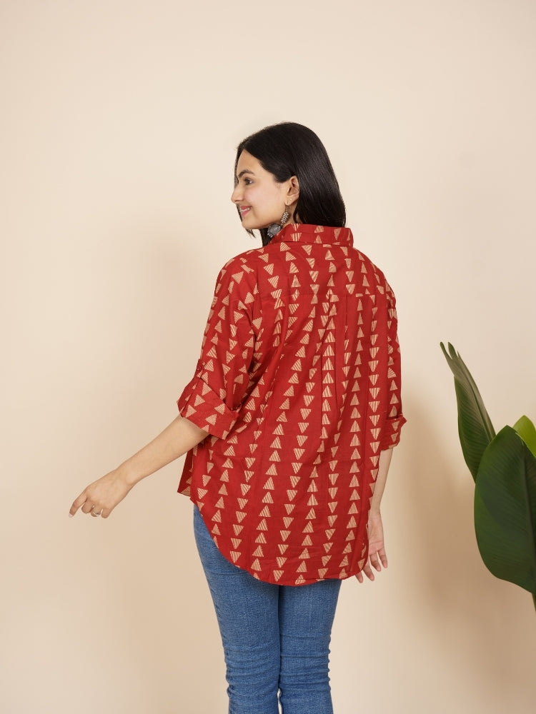 Ekisha Women cotton maroon triangle printed relaxed fit shirt, back view