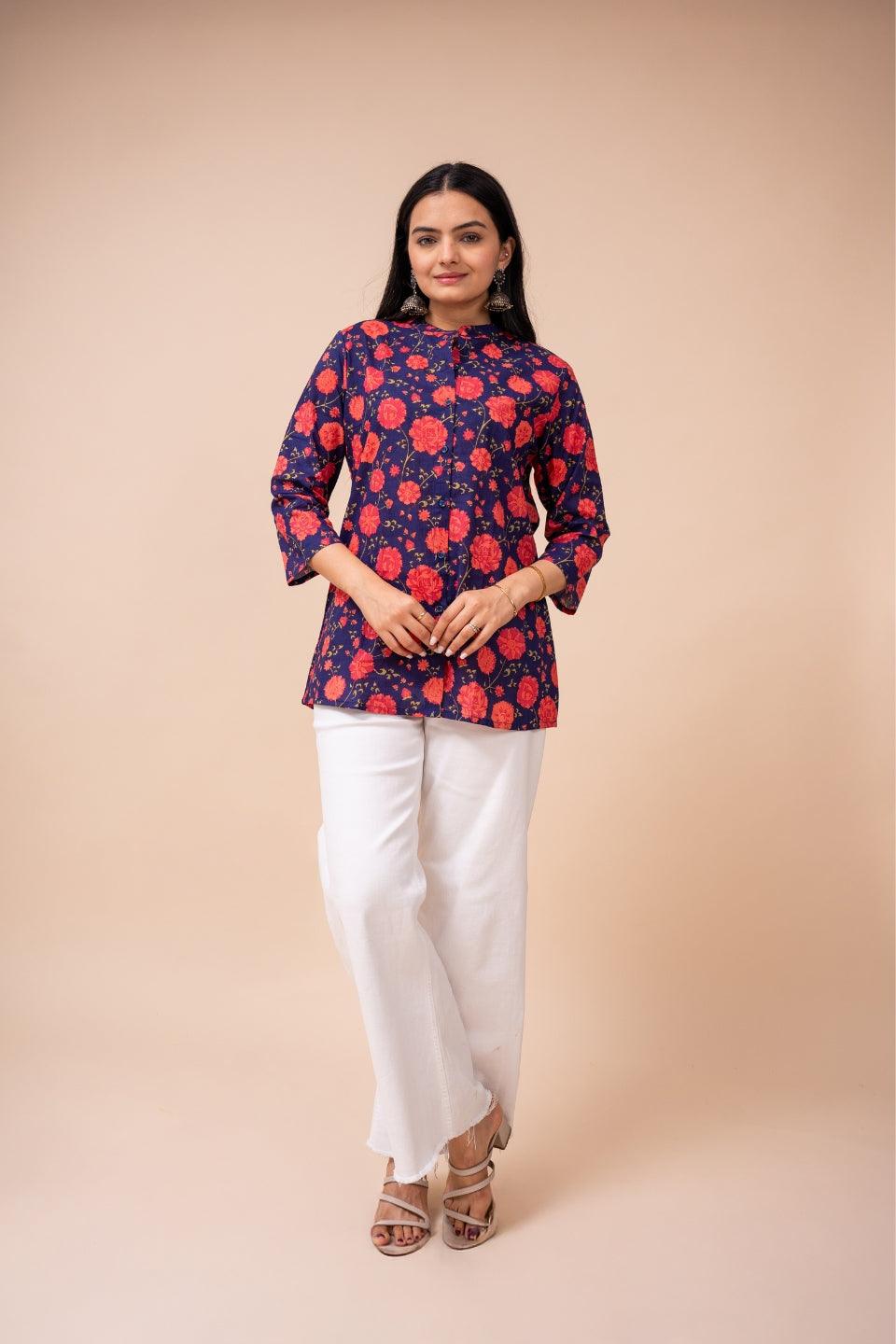 Ekisha's women blue multicolor floral designer printed cotton tunic top short kurti - Ekisha
