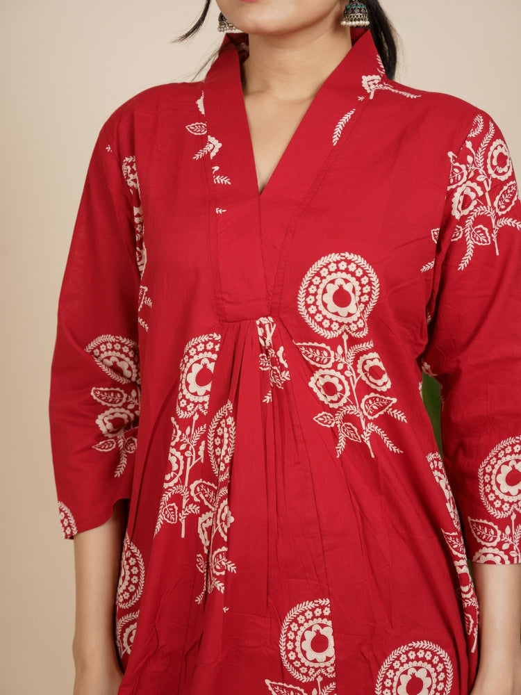 Ekisha's women dark red designer printed cotton co-ord set lounge wear, detailed view