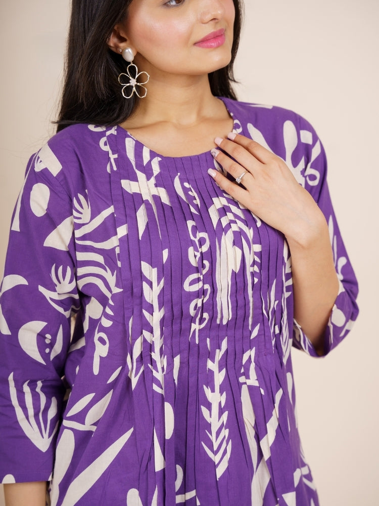 Ekisha's women purple designer abstract printed cotton co-ord set lounge wear, detailed view
