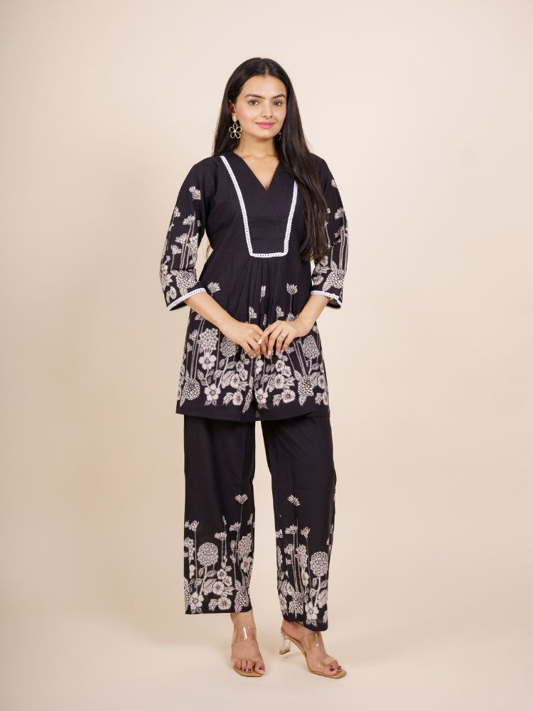 Ekisha's women black designer panel printed cotton co-ord set lounge wear, front view