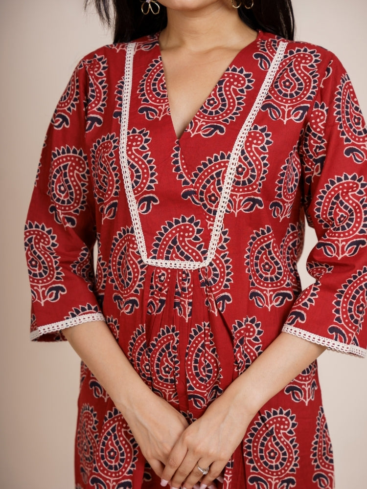 Ekisha's women maroon designer ajrak printed cotton co-ord set lounge wear, detailed view