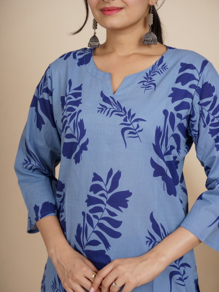Ekisha's women light blue floral printed cotton co-ord set lounge wear, detailed view