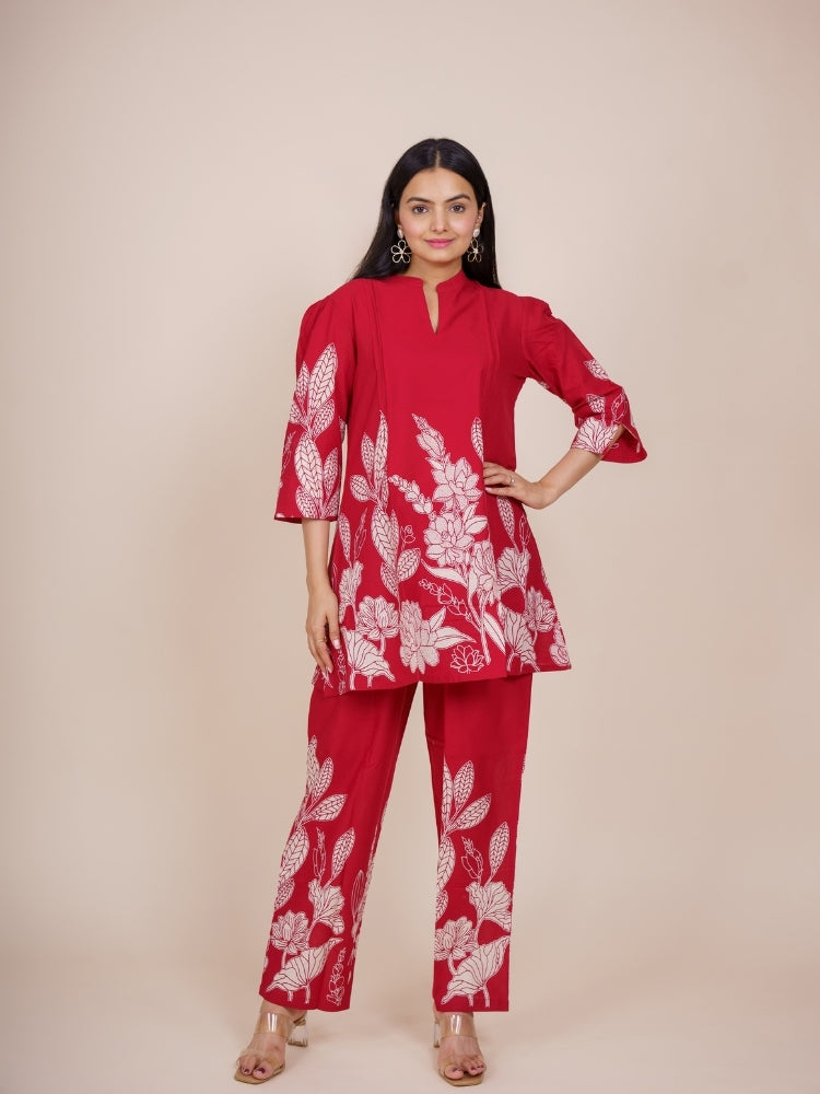Ekisha's women dark red designer printed floral cotton co-ord set lounge wear, front view 2