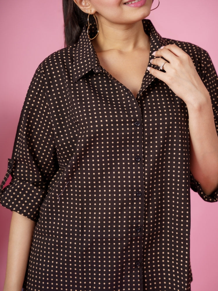 Ekisha Women cotton black dots printed relaxed fit shirt, detailed view