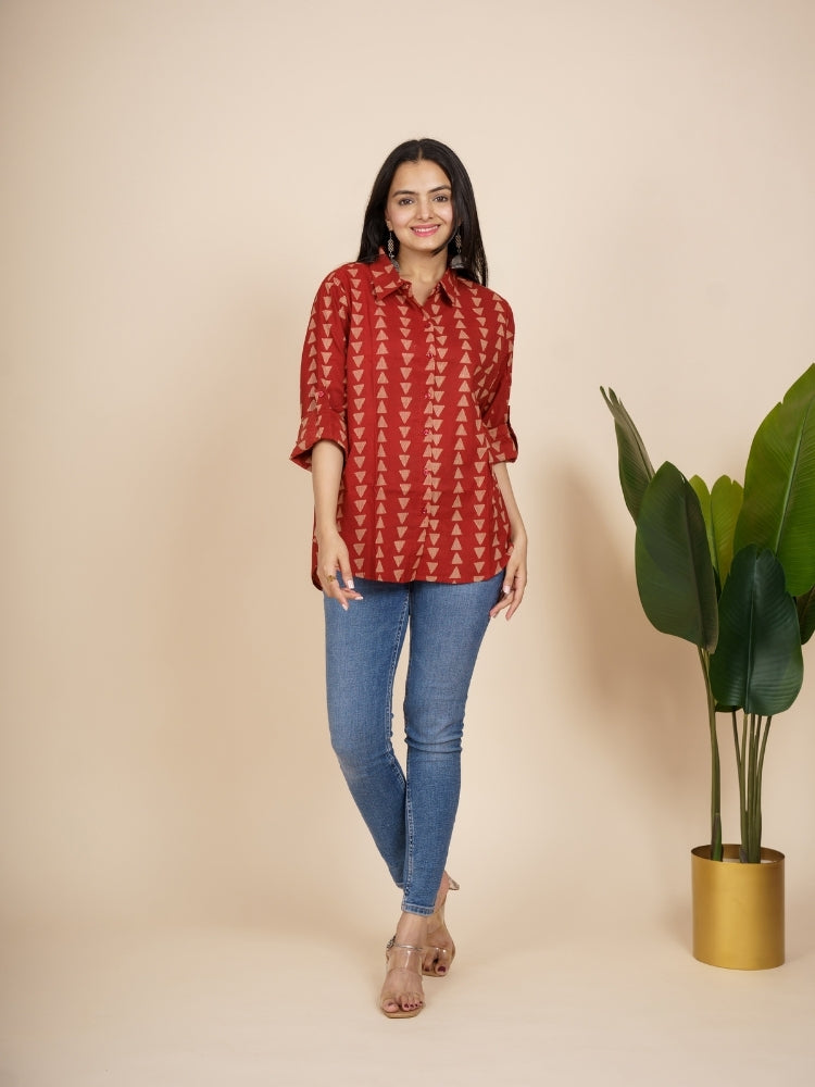Ekisha Women cotton maroon triangle printed relaxed fit shirt, front view