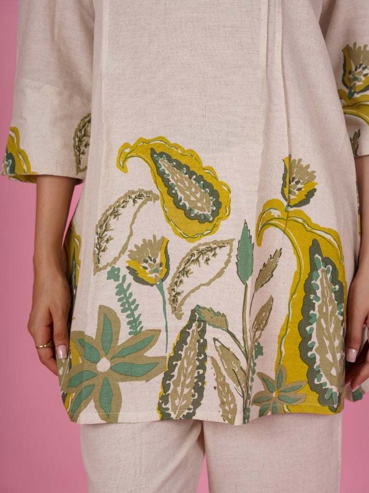 Ekisha's women white floral designer printed cotton co-ord set lounge wear, detailed view