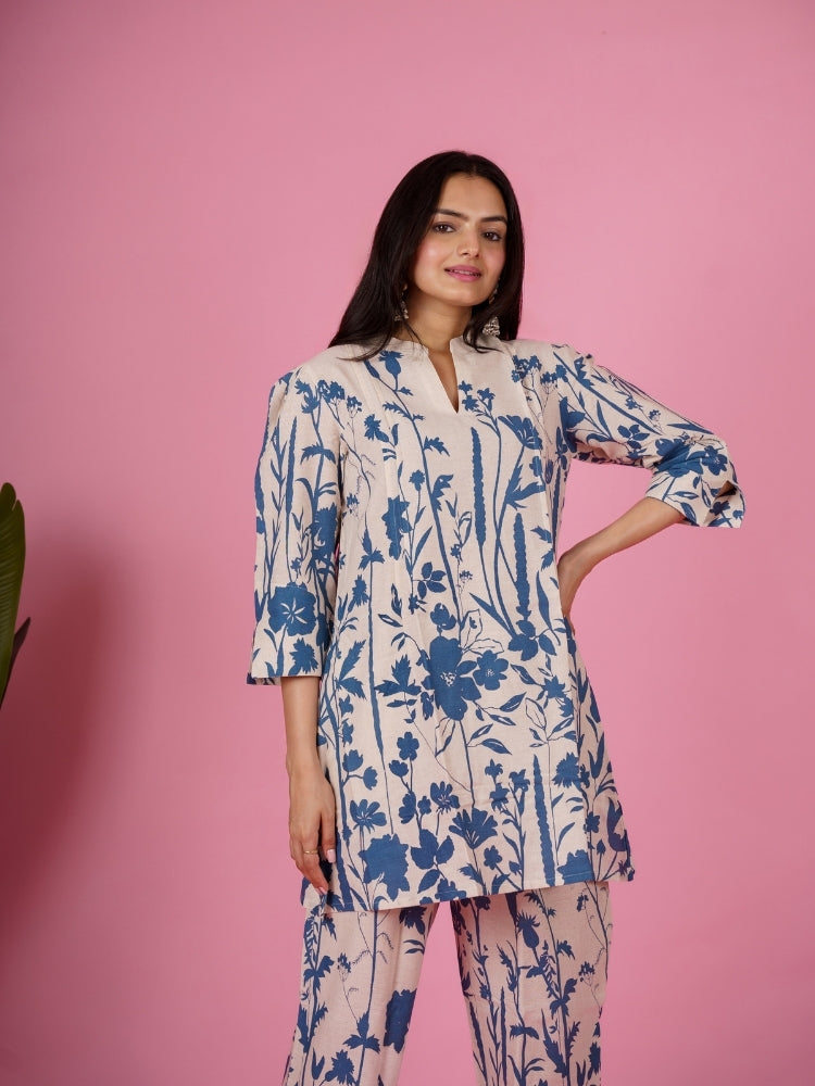 Ekisha's women white blue floral designer printed cotton co-ord set lounge wear, front view 2