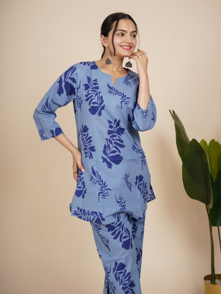 Ekisha's women light blue floral printed cotton co-ord set lounge wear, front view
