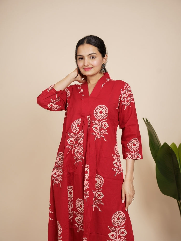 Ekisha's women dark red designer printed cotton co-ord set lounge wear, front view 2