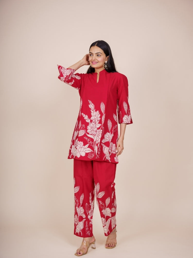 Ekisha's women dark red designer printed floral cotton co-ord set lounge wear, front view 3
