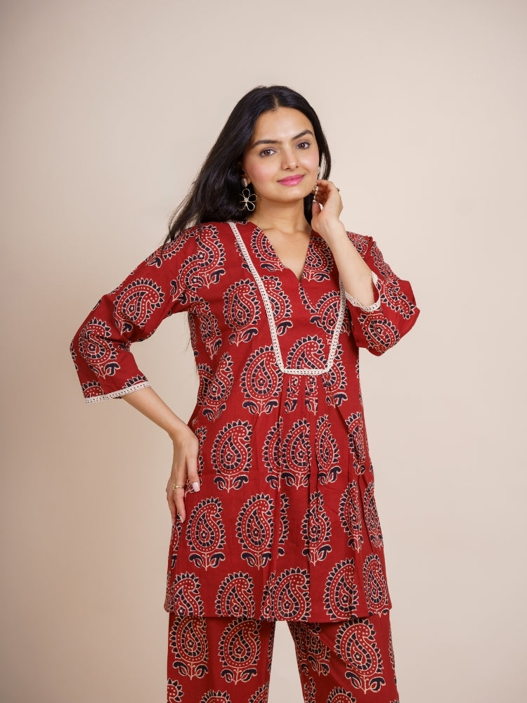 Ekisha's women maroon designer ajrak printed cotton co-ord set lounge wear, front view 2