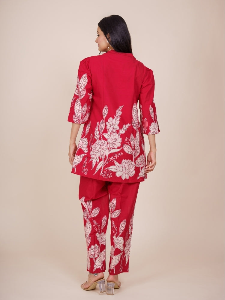 Ekisha's women dark red designer printed floral cotton co-ord set lounge wear, back view