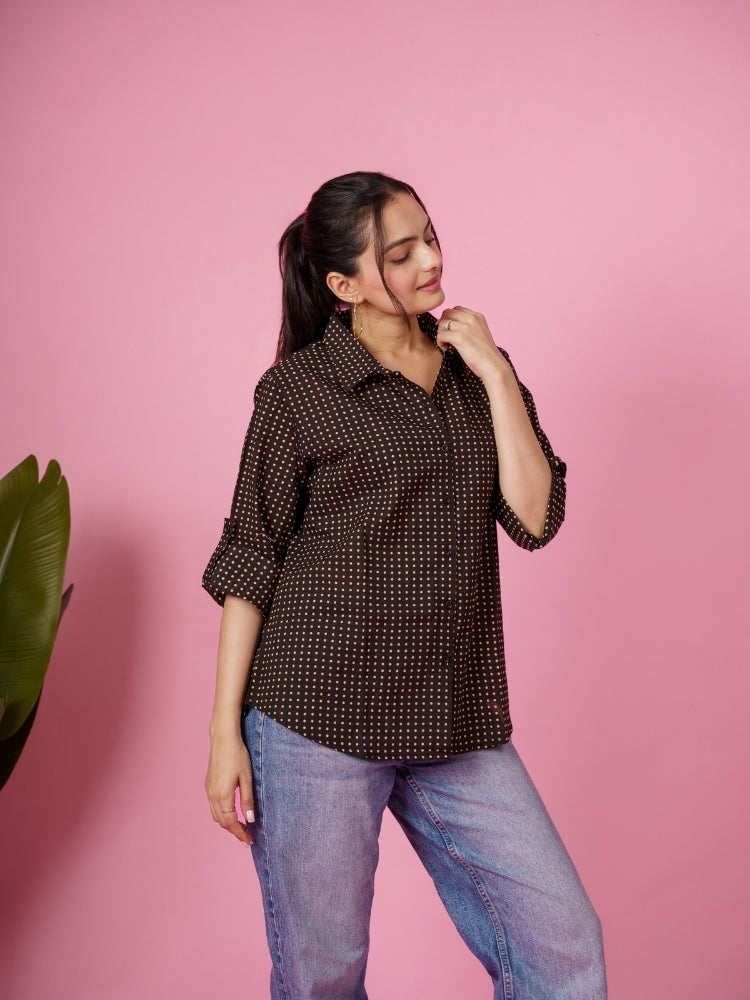 Ekisha Women cotton black dots printed relaxed fit shirt, front view