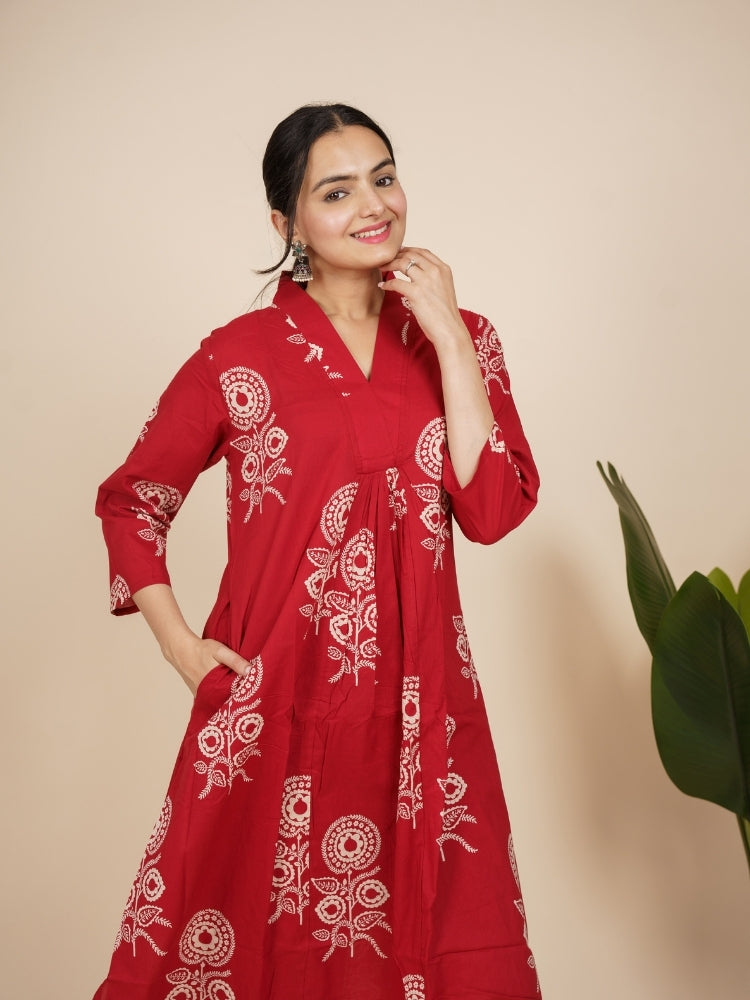 Ekisha's women dark red designer printed cotton co-ord set lounge wear, side view