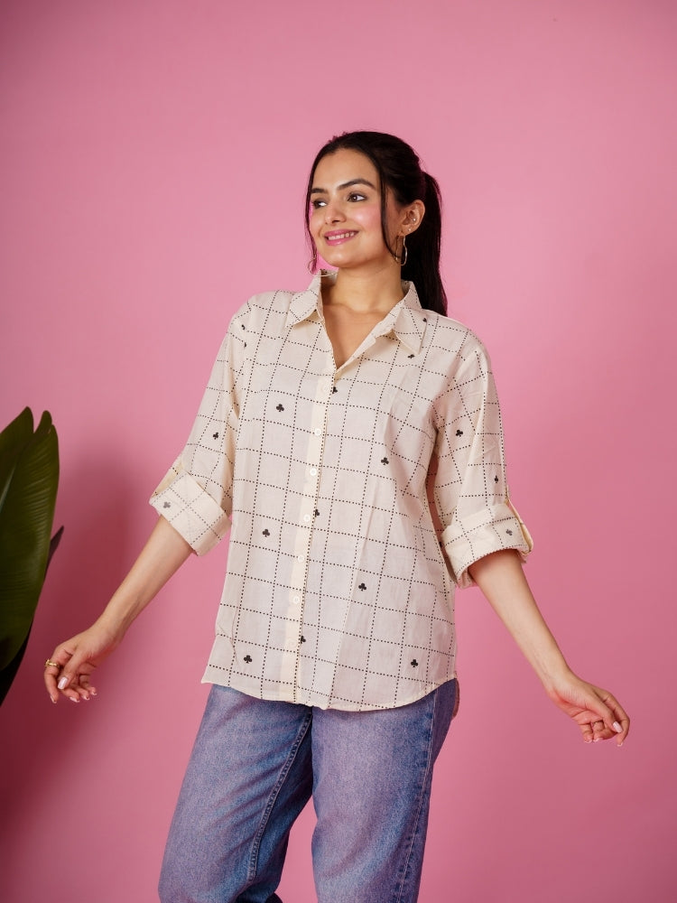 Ekisha women cotton white checks printed relaxed fit shirt, front view