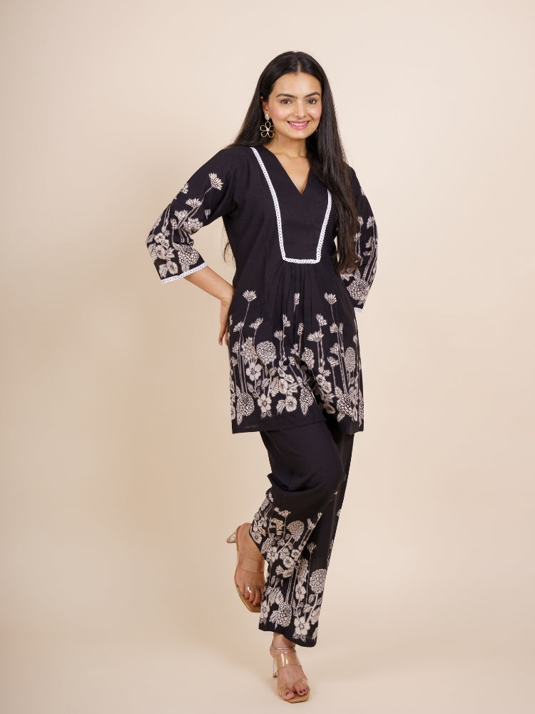 Ekisha's women black designer panel printed cotton co-ord set lounge wear, front view 2
