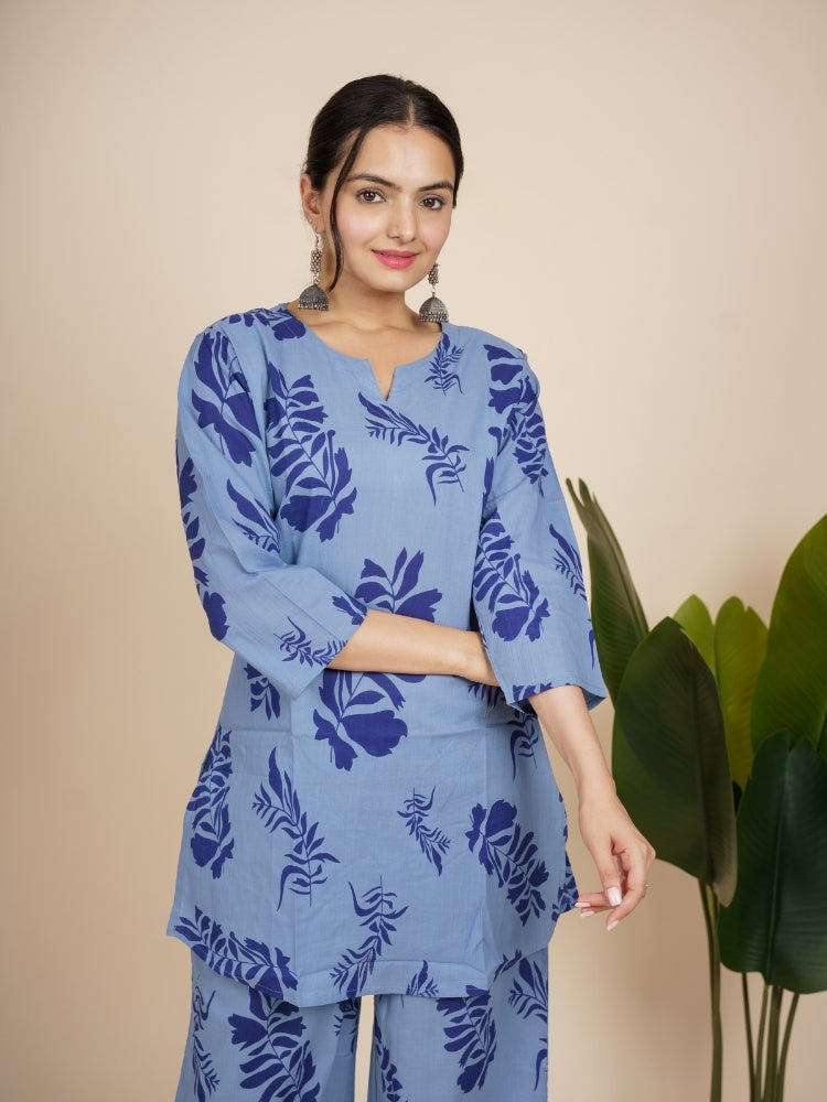 Ekisha's women light blue floral printed cotton co-ord set lounge wear, front view 2
