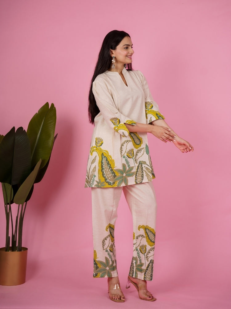 Ekisha's women white floral designer printed cotton co-ord set lounge wear, side view