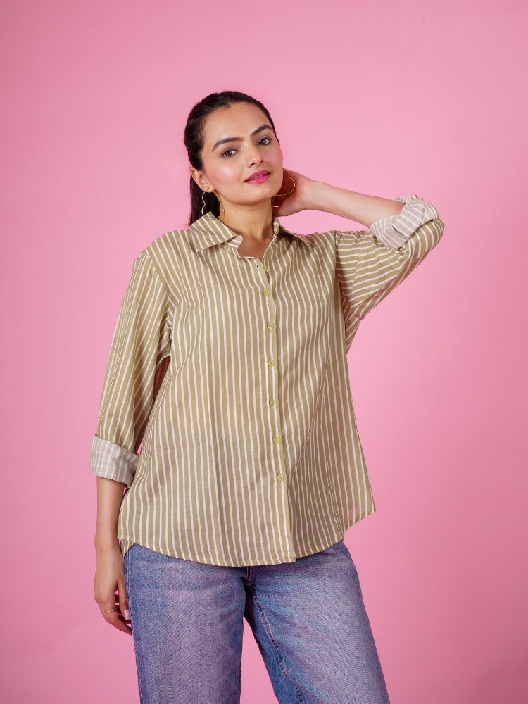 Ekisha Women cotton mehandi stripes printed relaxed fit shirt, detailed view 3