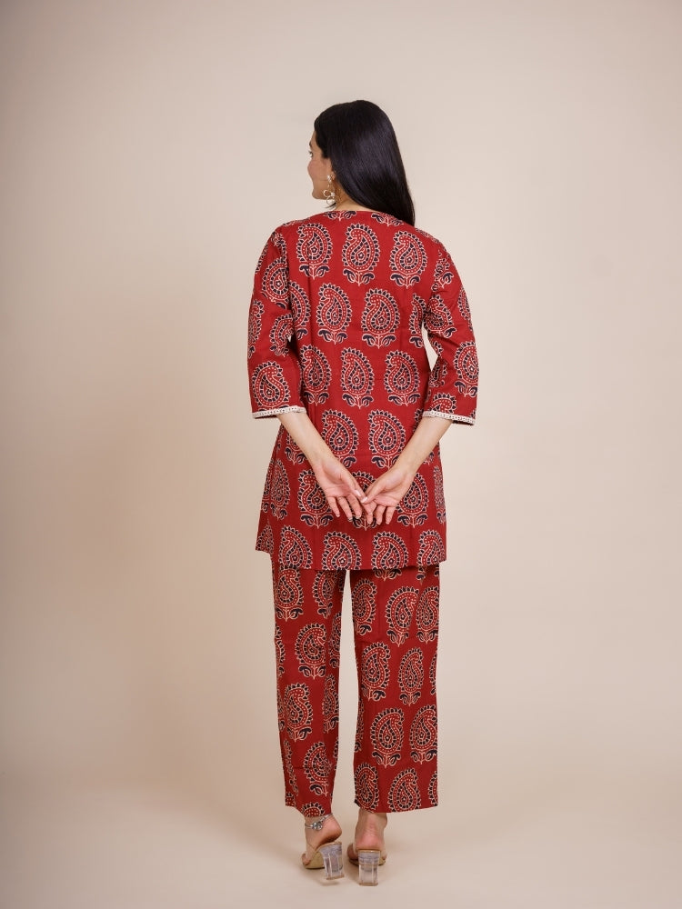 Ekisha's women maroon designer ajrak printed cotton co-ord set lounge wear