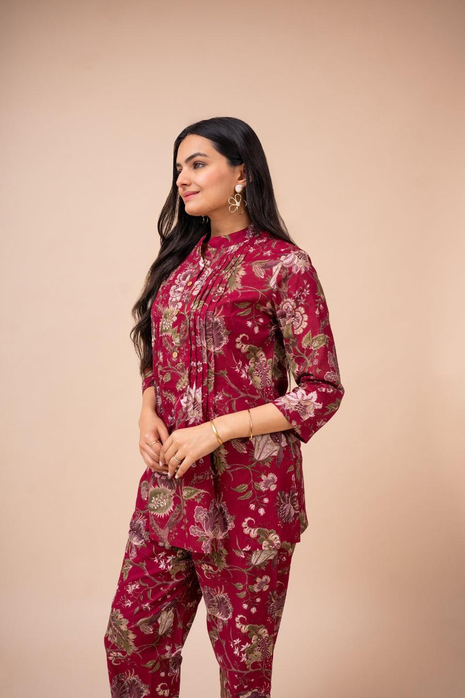 Ekisha's women dark pink multicolor floral printed cotton co-ord set lounge wear - Ekisha