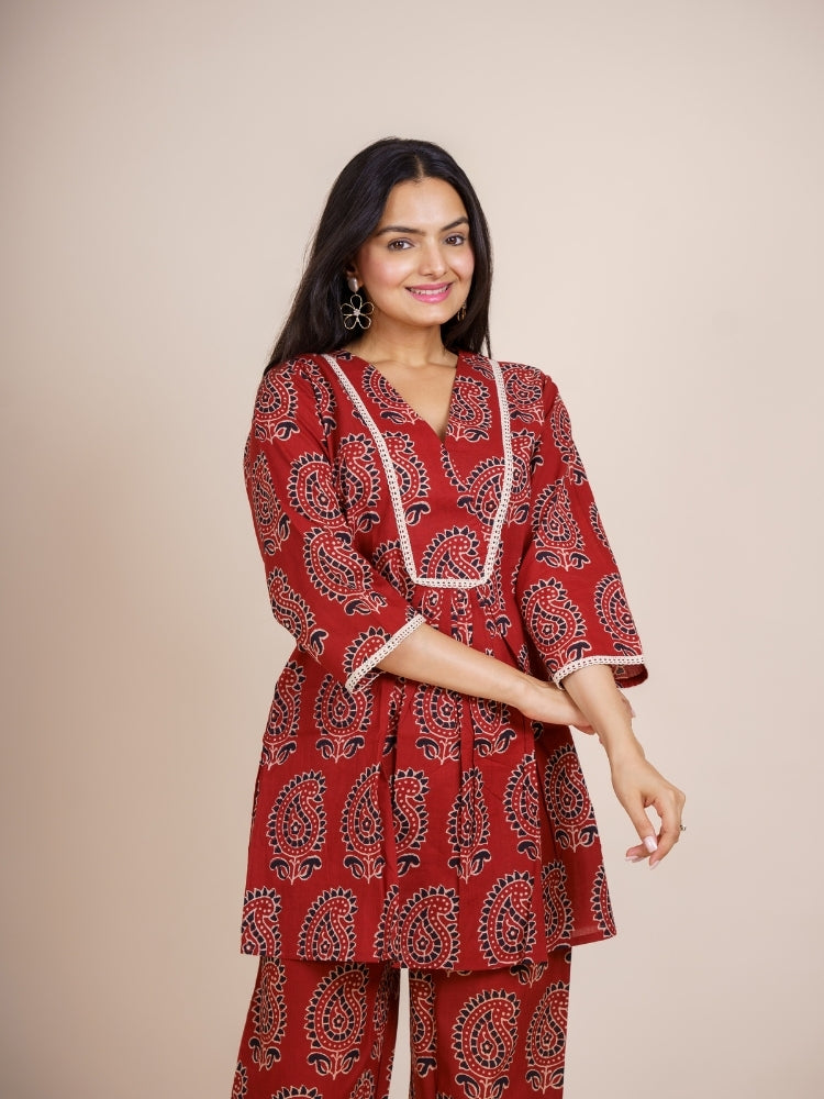 Ekisha's women maroon designer ajrak printed cotton co-ord set lounge wear, front view 3
