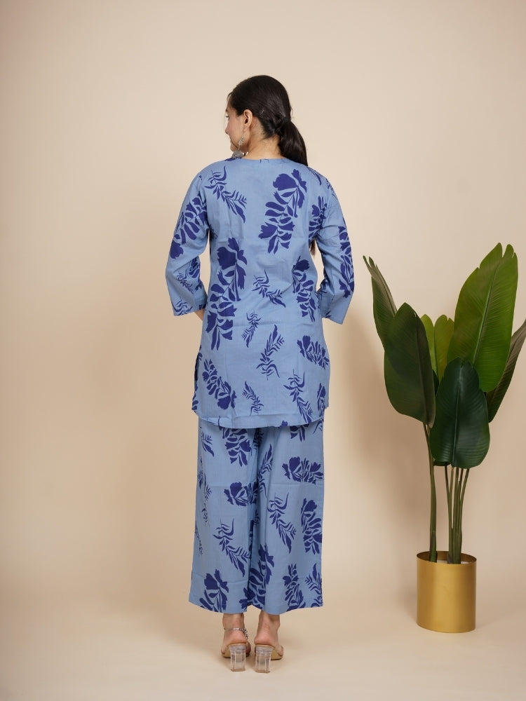 Ekisha's women light blue floral printed cotton co-ord set lounge wear, back view