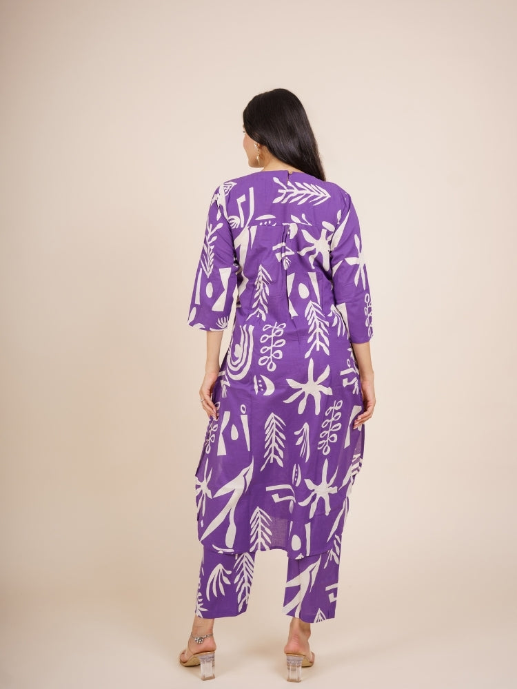Ekisha's women purple designer abstract printed cotton co-ord set lounge wear, back view