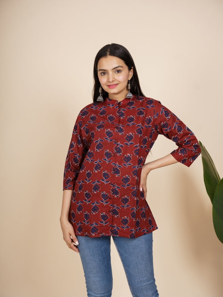 Ekisha's women maroon floral designer cotton printed tunic top short kurti, detailed view
