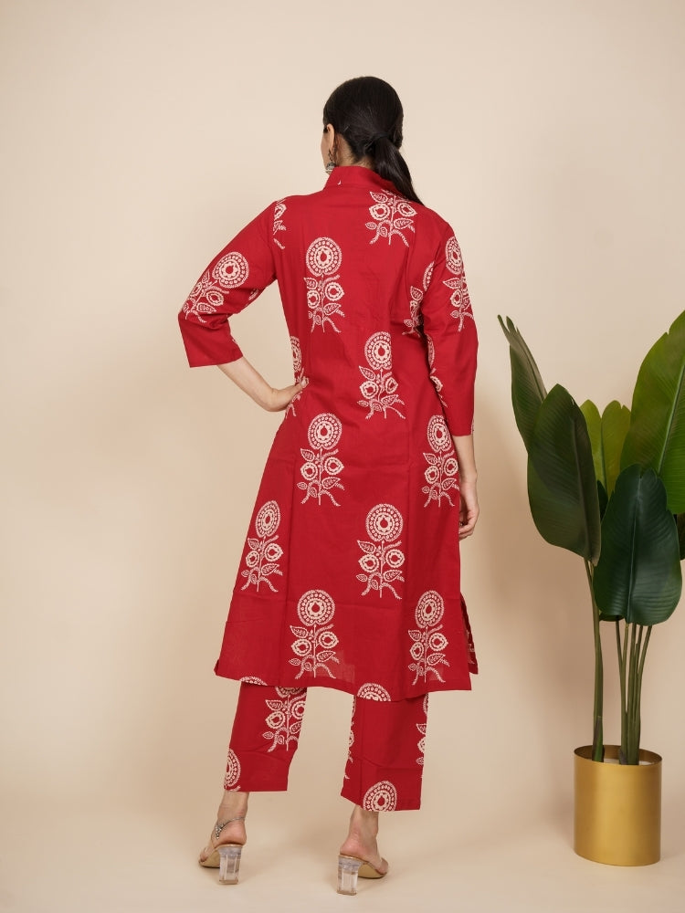 Ekisha's women dark red designer printed cotton co-ord set lounge wear, back view