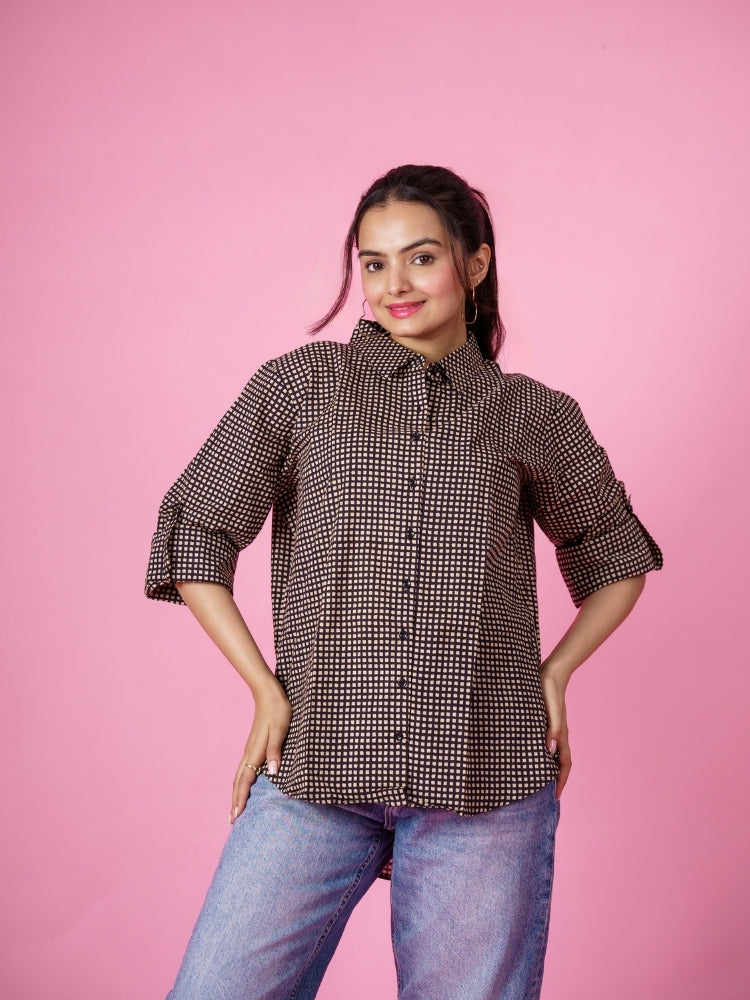 Ekisha Women cotton black checks printed relaxed fit shirt, front view 2