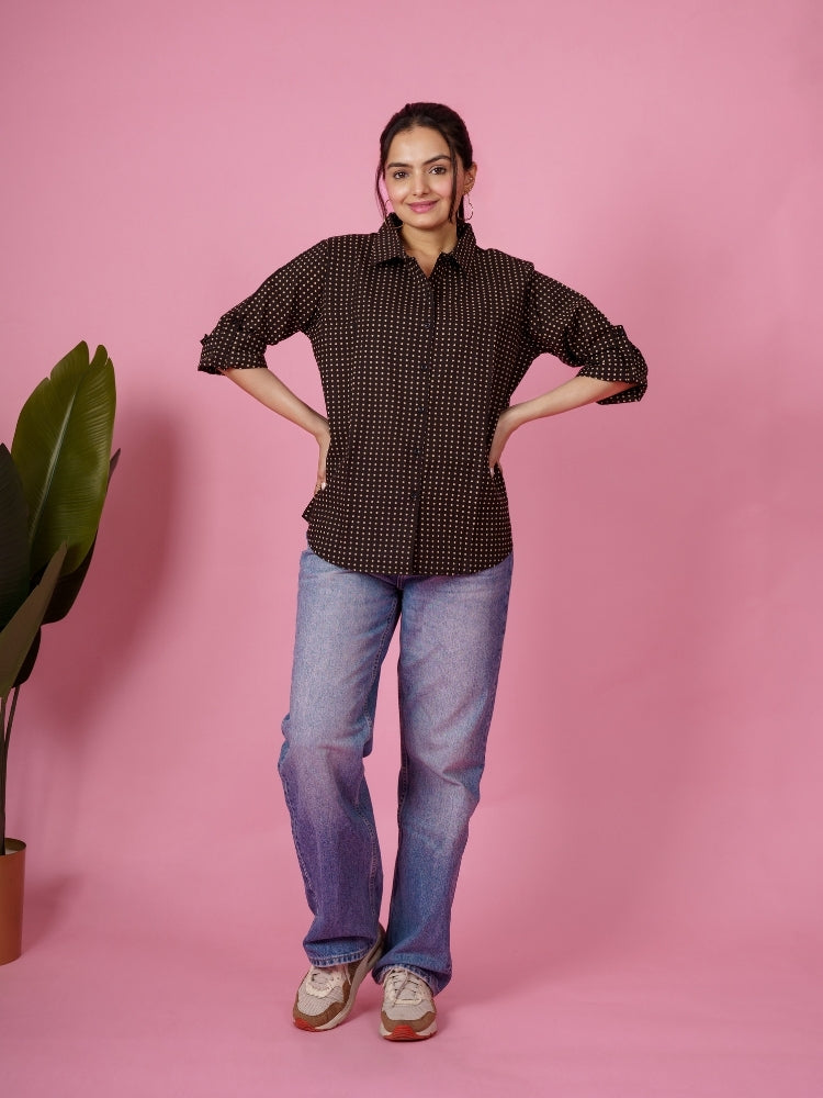 Ekisha Women cotton black dots printed relaxed fit shirt, front view 3