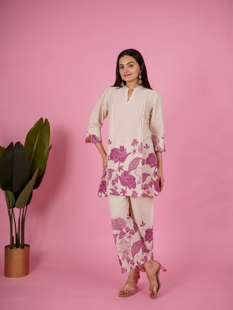 Ekisha's women white wine panel floral printed cotton co-ord set lounge wear, front view 4