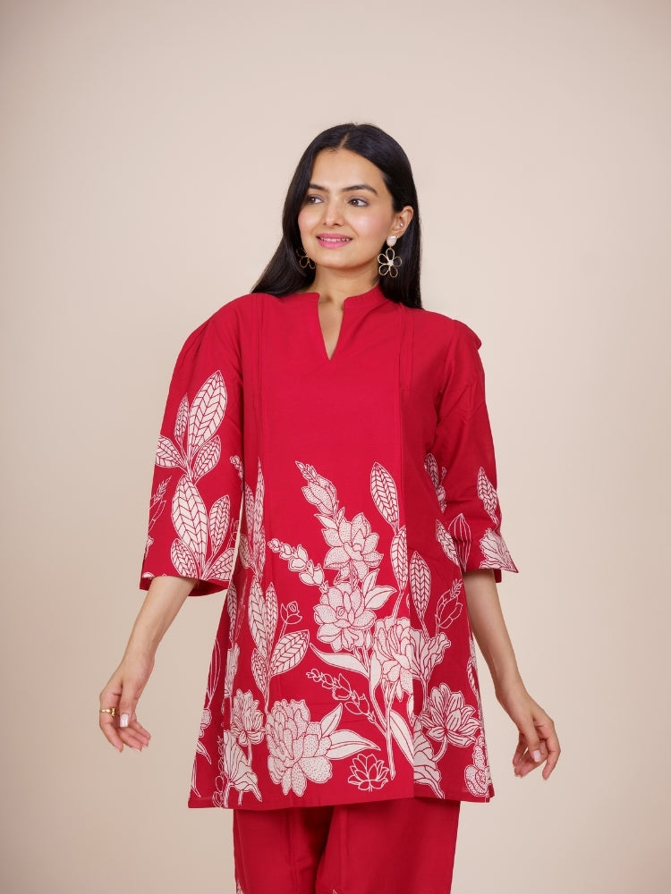 Ekisha's women dark red designer printed floral cotton co-ord set lounge wear, detailed view