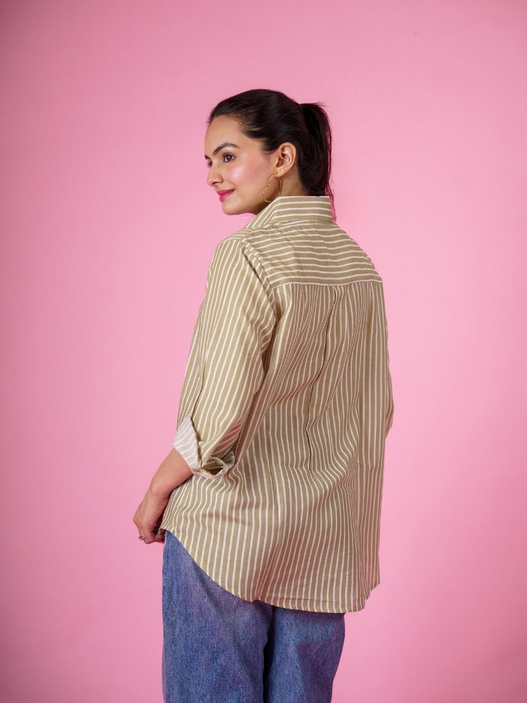 Ekisha Women cotton mehandi stripes printed relaxed fit shirt, back view