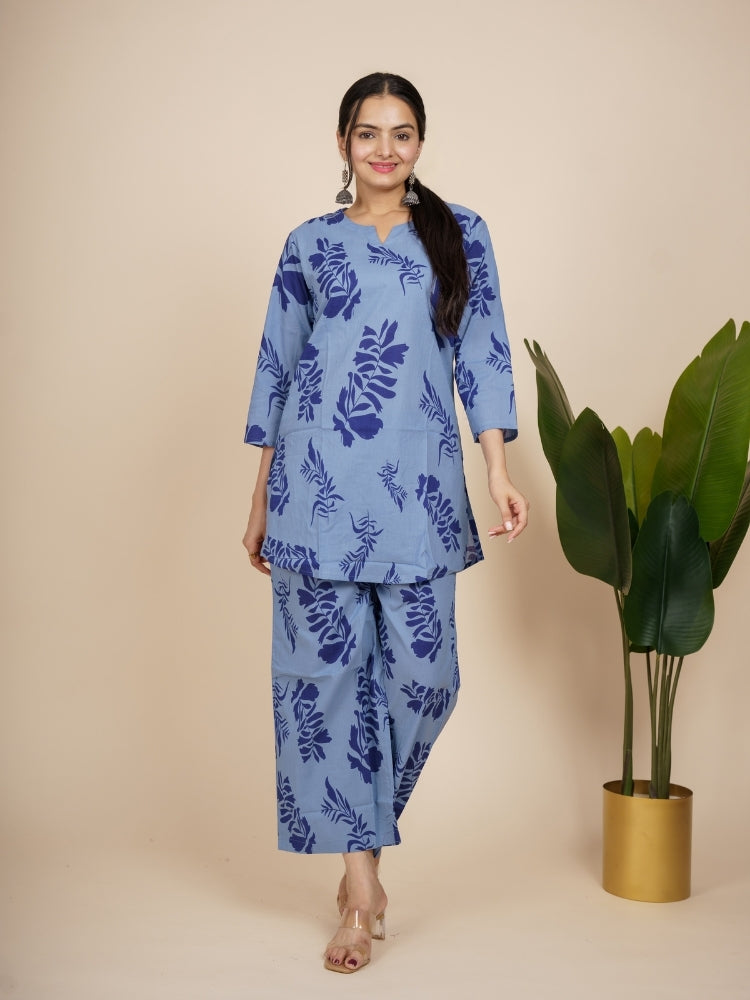 Ekisha's women light blue floral printed cotton co-ord set lounge wear, front view 3