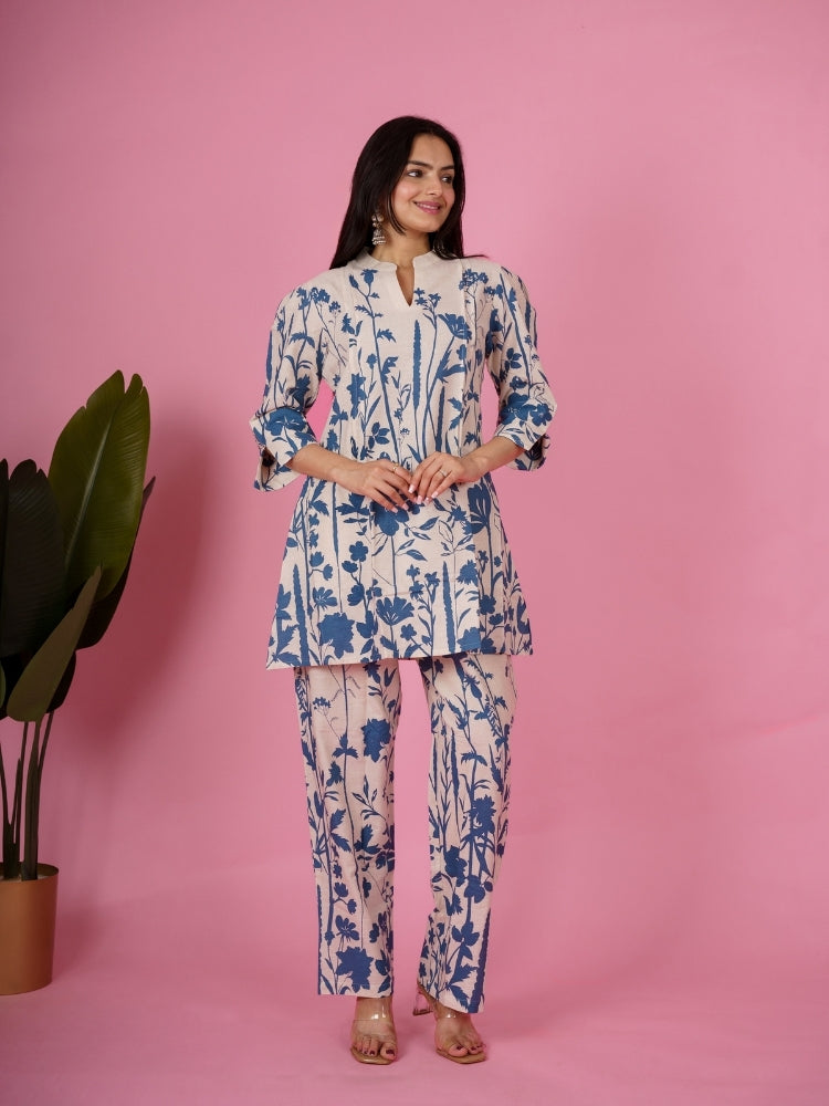 Ekisha's women white blue floral designer printed cotton co-ord set lounge wear, front view 3