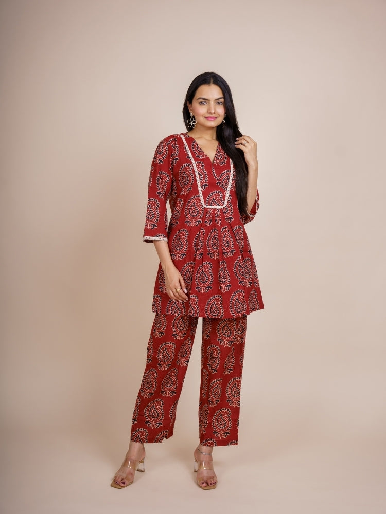 Ekisha's women maroon designer ajrak printed cotton co-ord set lounge wear, front view