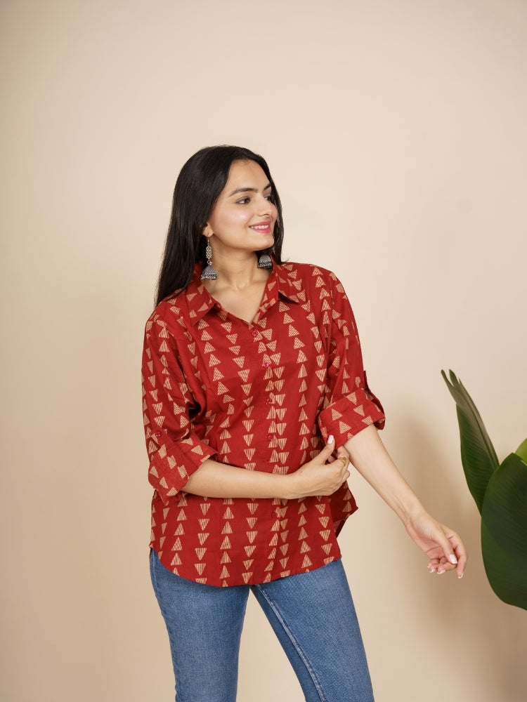 Ekisha Women cotton maroon triangle printed relaxed fit shirt, side view