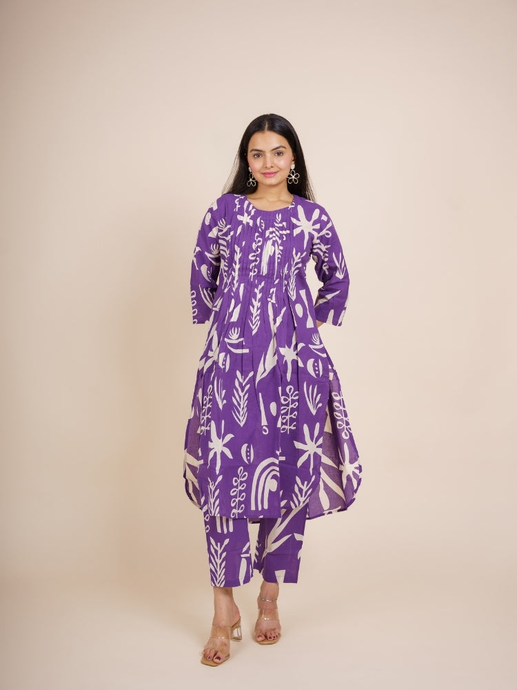 Ekisha's women purple designer abstract printed cotton co-ord set lounge wear, front view 2