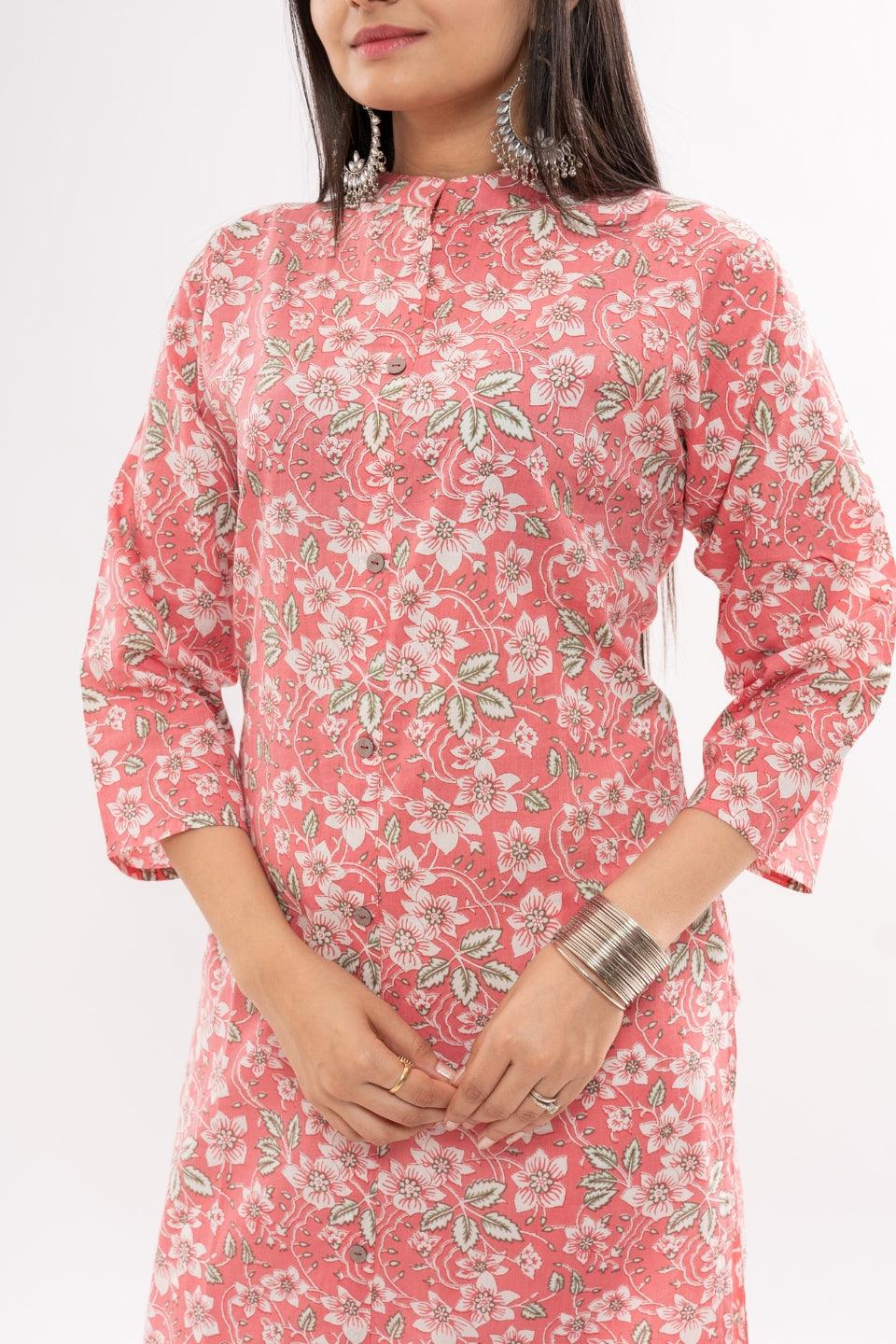 Ekisha women's cotton pink white floral printed straight kurta kurti round neck - Ekisha