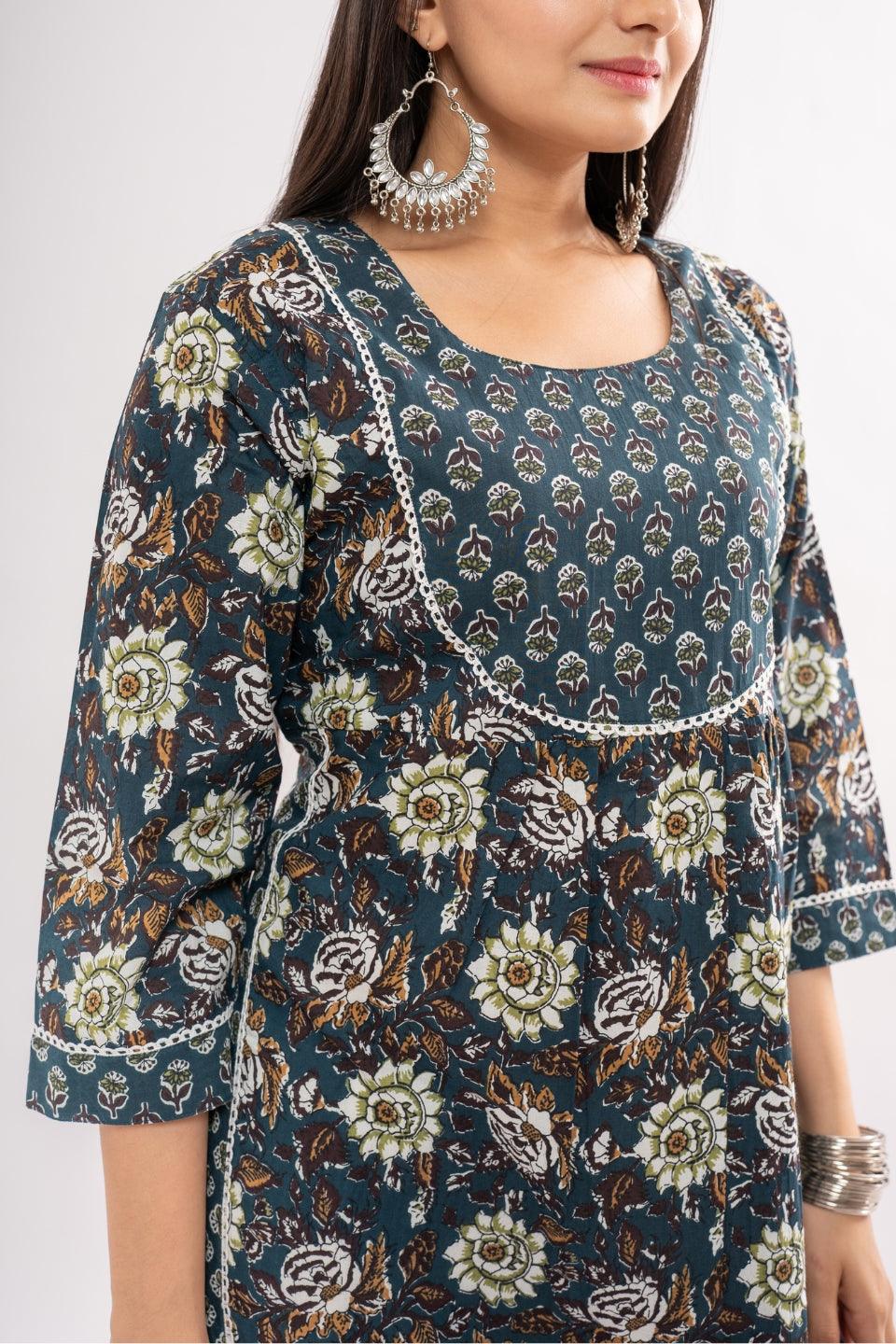 Ekisha women's cotton blue multicolor kalamkari printed straight kurta kurti round neck - Ekisha
