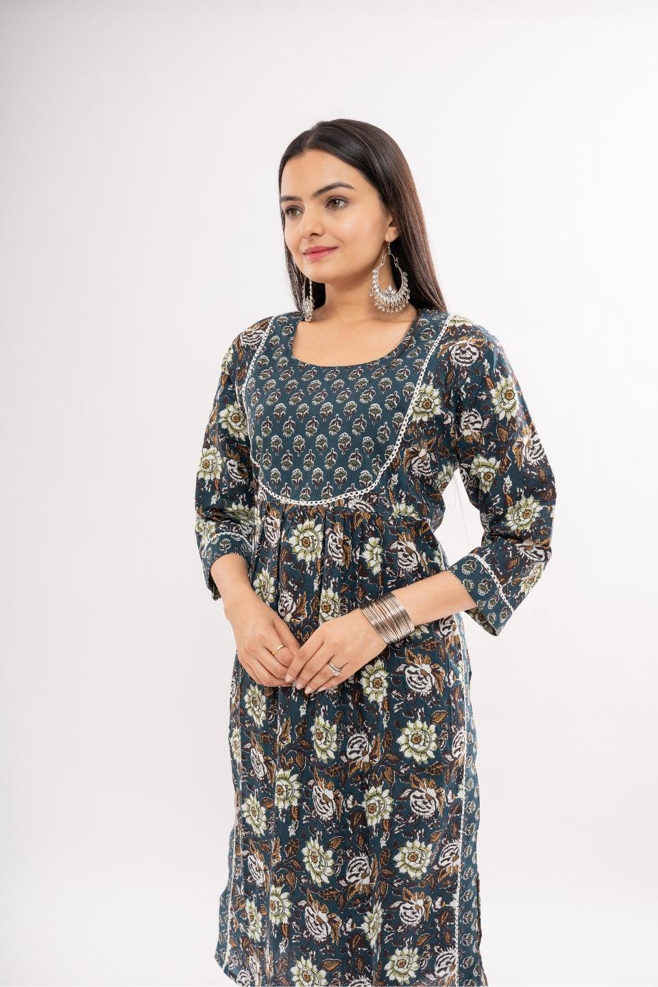 Ekisha women's cotton blue multicolor kalamkari printed straight kurta kurti round neck - Ekisha