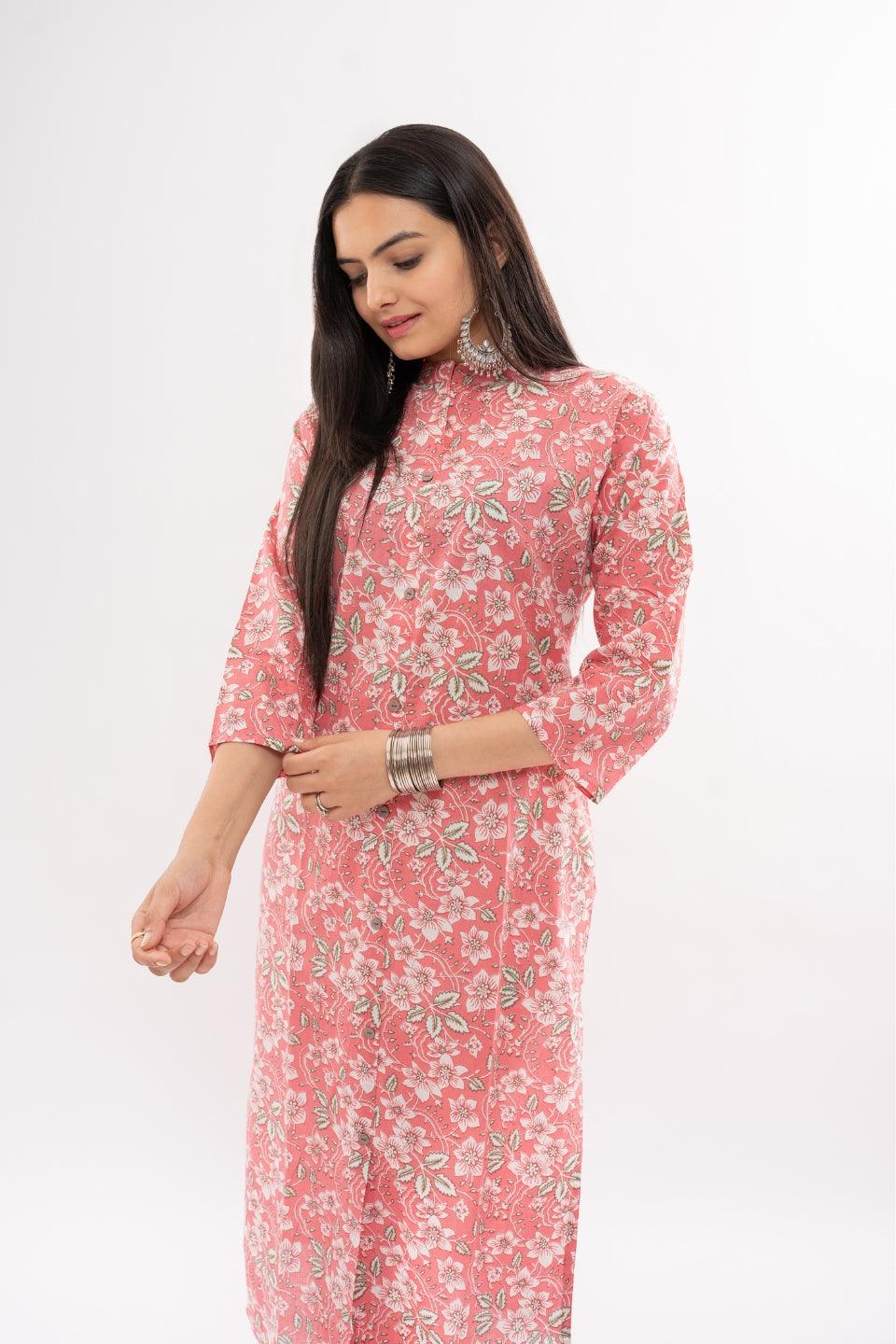Ekisha women's cotton pink white floral printed straight kurta kurti round neck - Ekisha