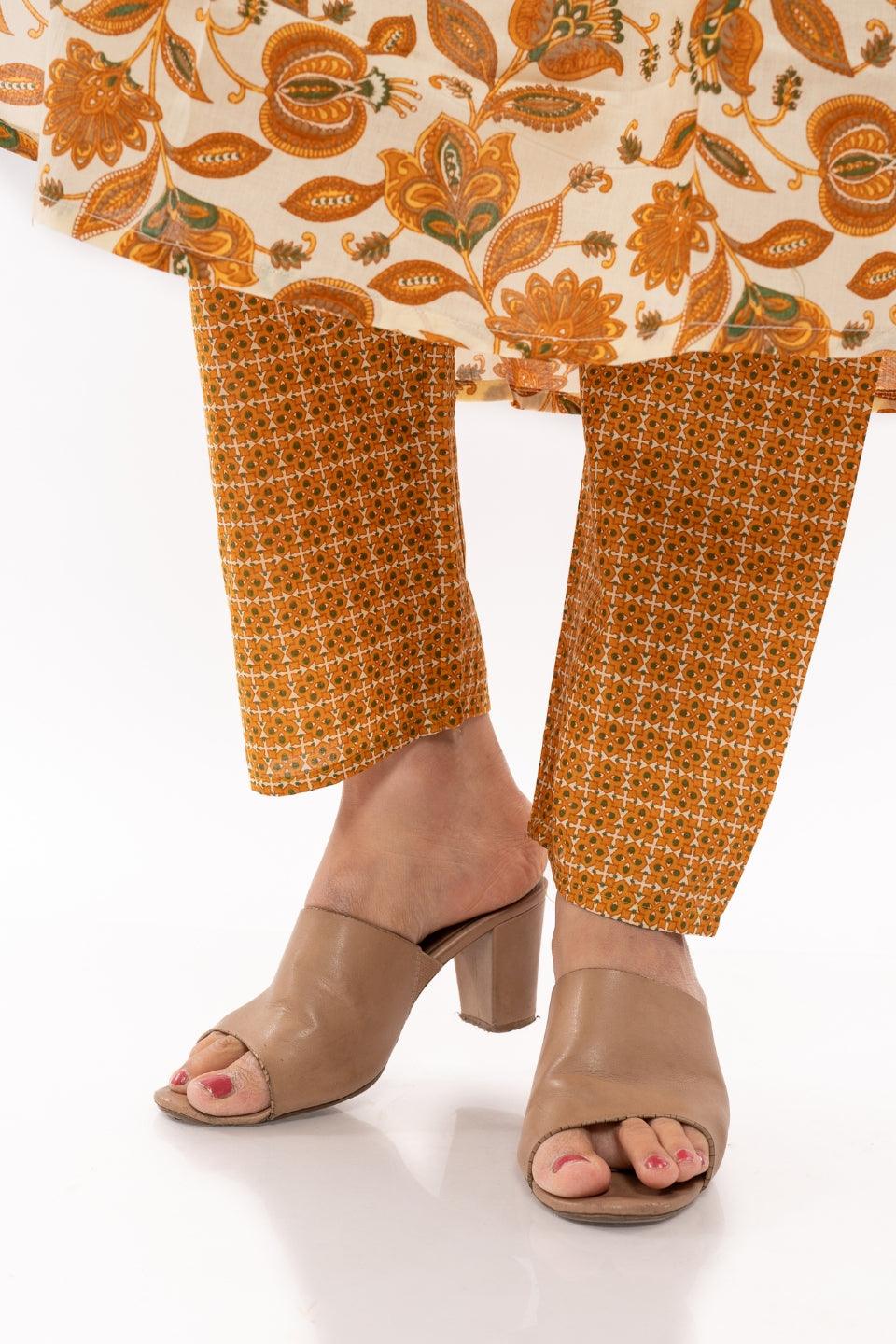 Ekisha's women cotton printed mustard multicolor kurta and pant set - Ekisha